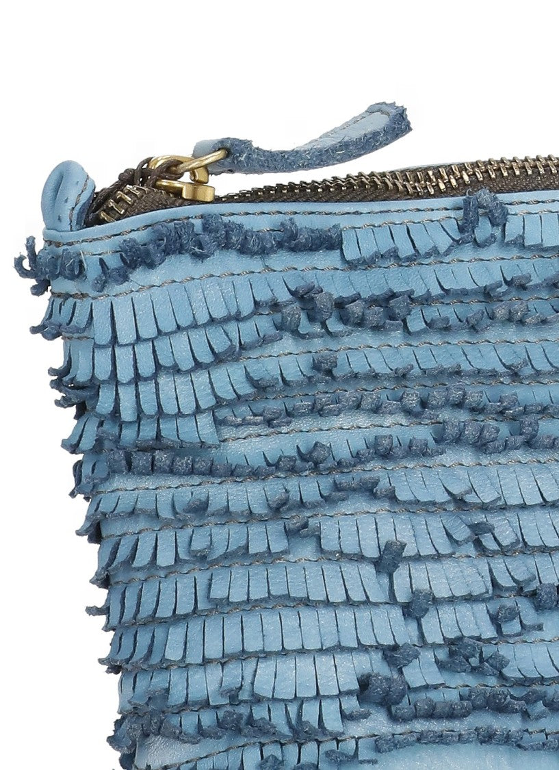 Majo Textured Blue Leather Shoulder Bag With Fringed Details