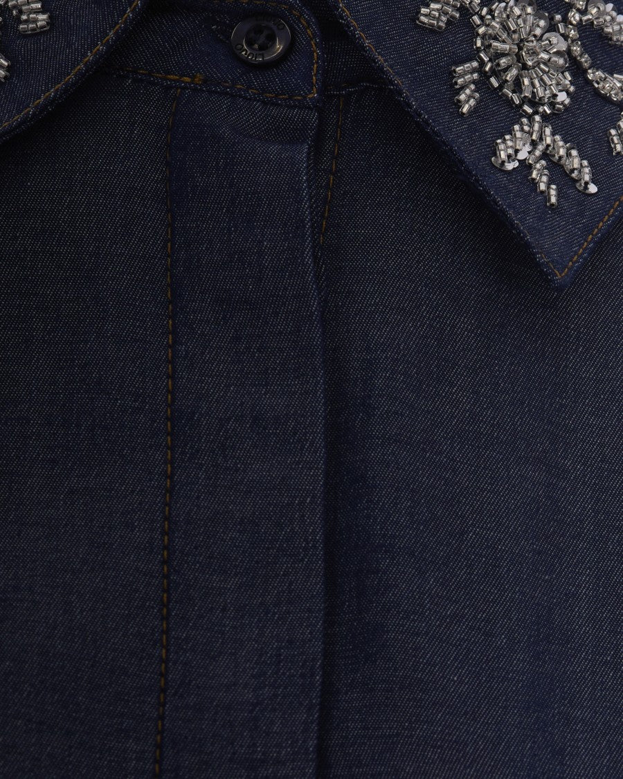 Liu Jo Chambray Denim Shirt With Removable Floral Embroidered Collar