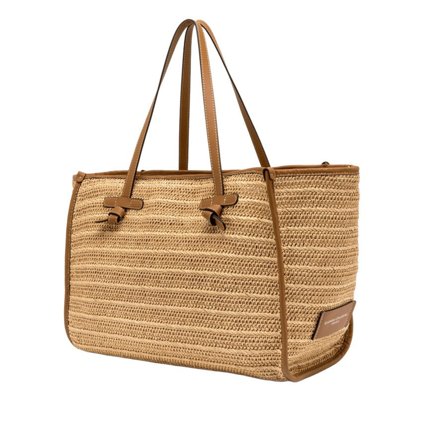 Marcella Straw Handbag With Leather Trim And Pouch