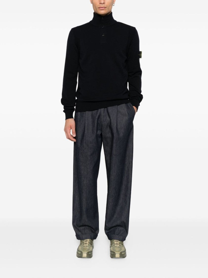 Stone Island High Collar Half Button Blue Sweater With Distinct Logo Badge