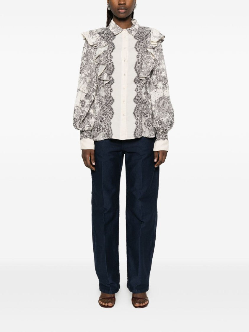 Blugirl Intricate Lace Print Blouse With Ruffled Accents