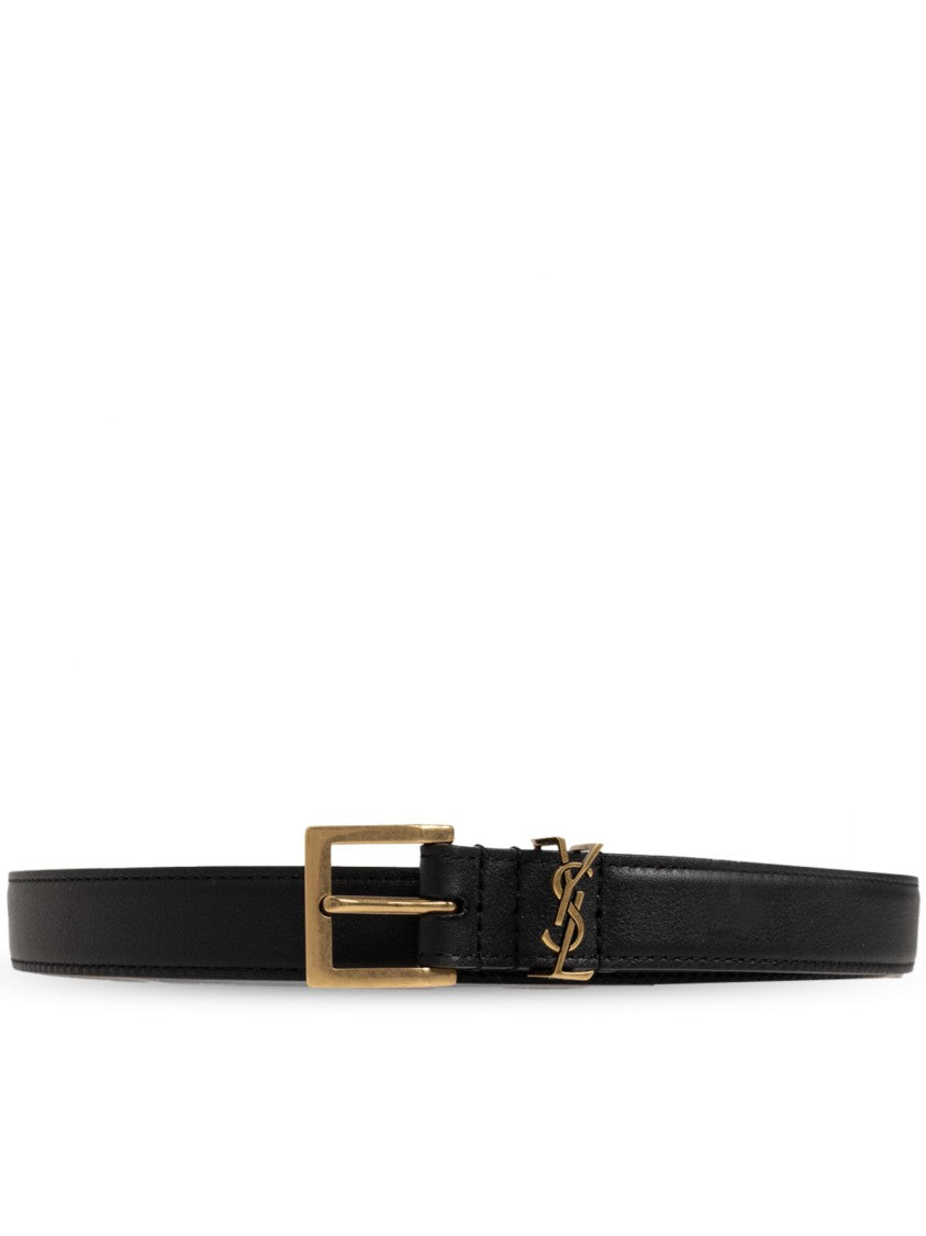 Saint Laurent Cintura Black Leather Gold-Buckle Belt