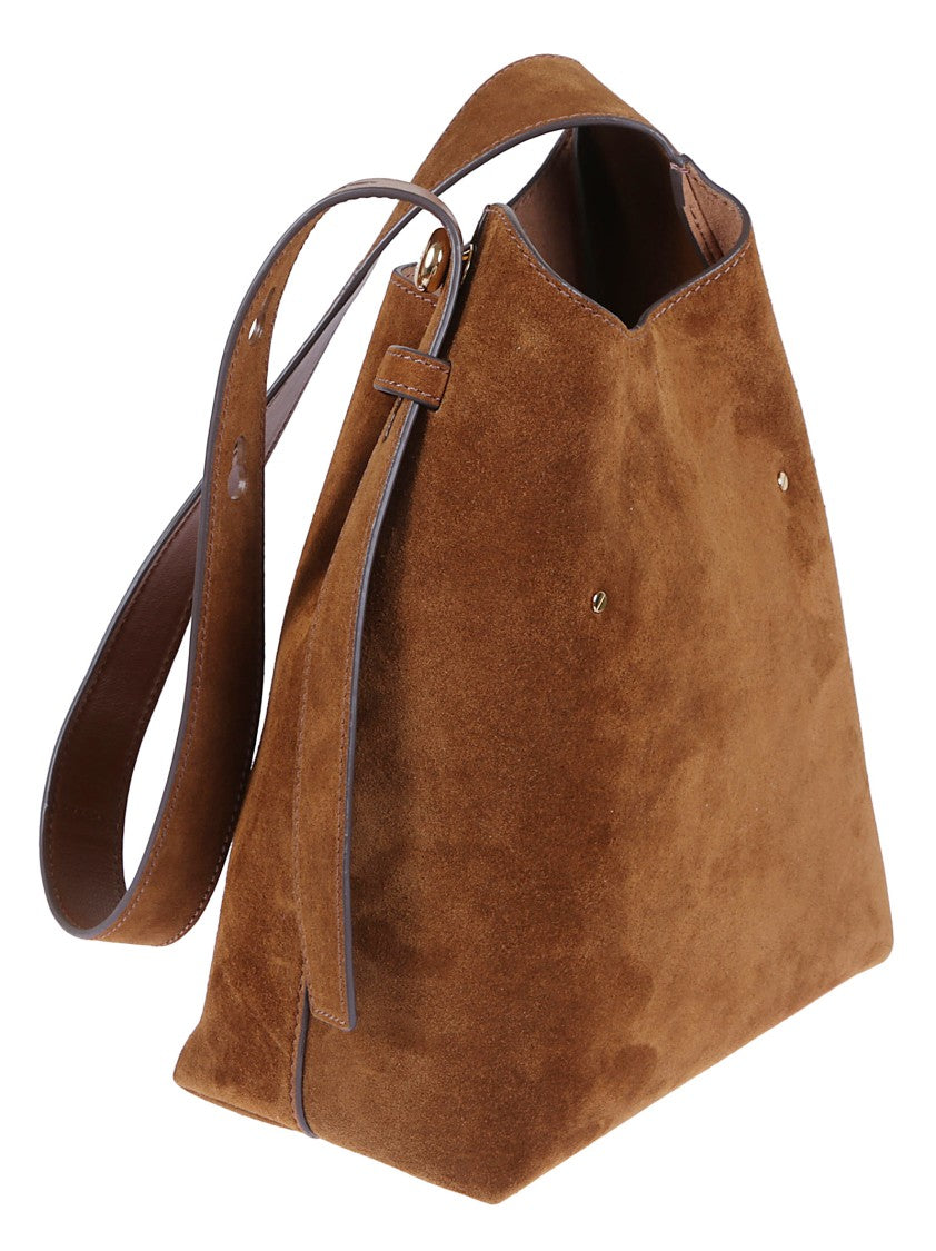 Tory Burch Structured Caramel Suede Bag With Hook Closure