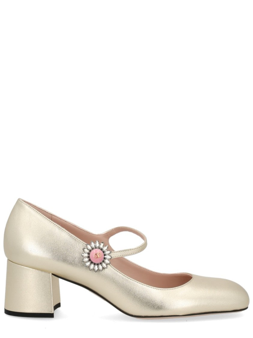 Valentino Garavani Gold Mary Jane Leather Block Pumps