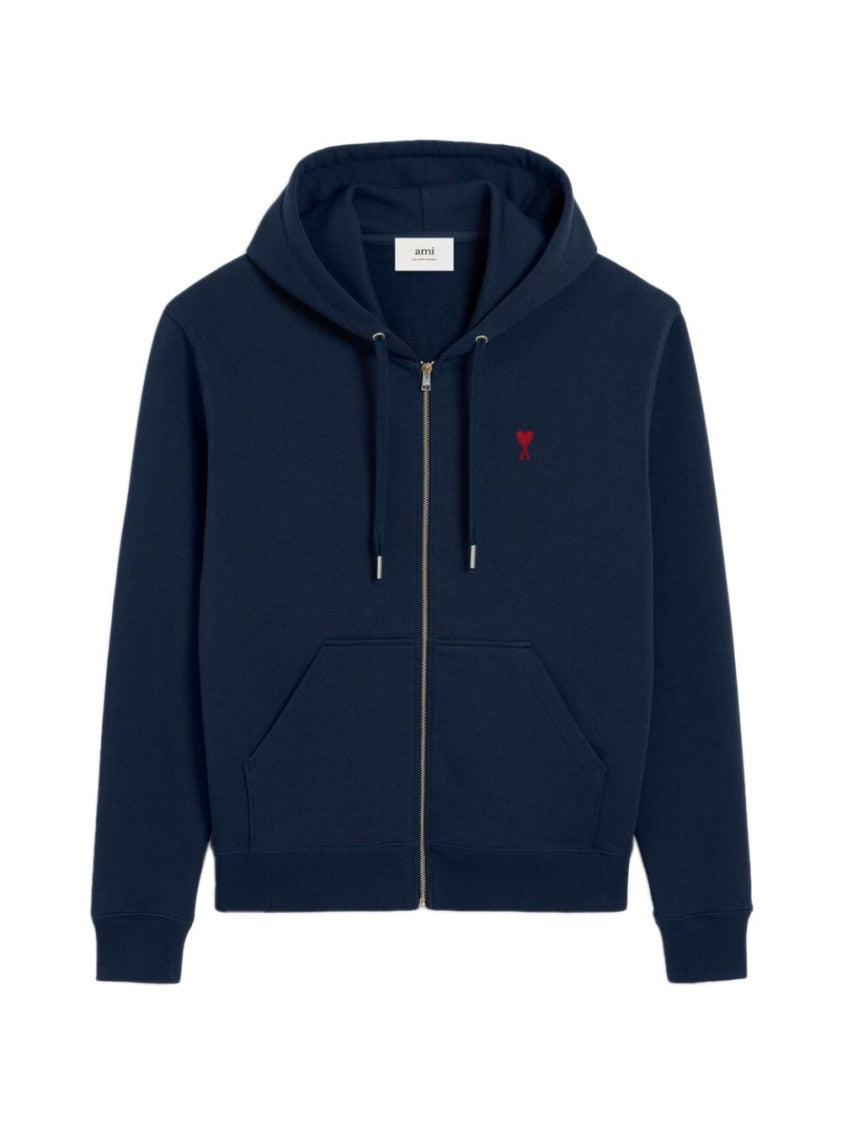 Ami Paris Navy Blue Zip-Up Hoodie With Drawstring Hood
