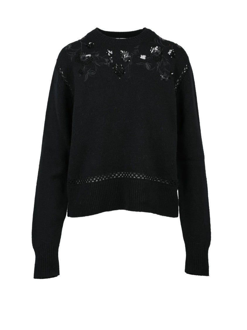 Ermanno Firenze Black Embroidered Viscose-Blend Crewneck Sweater