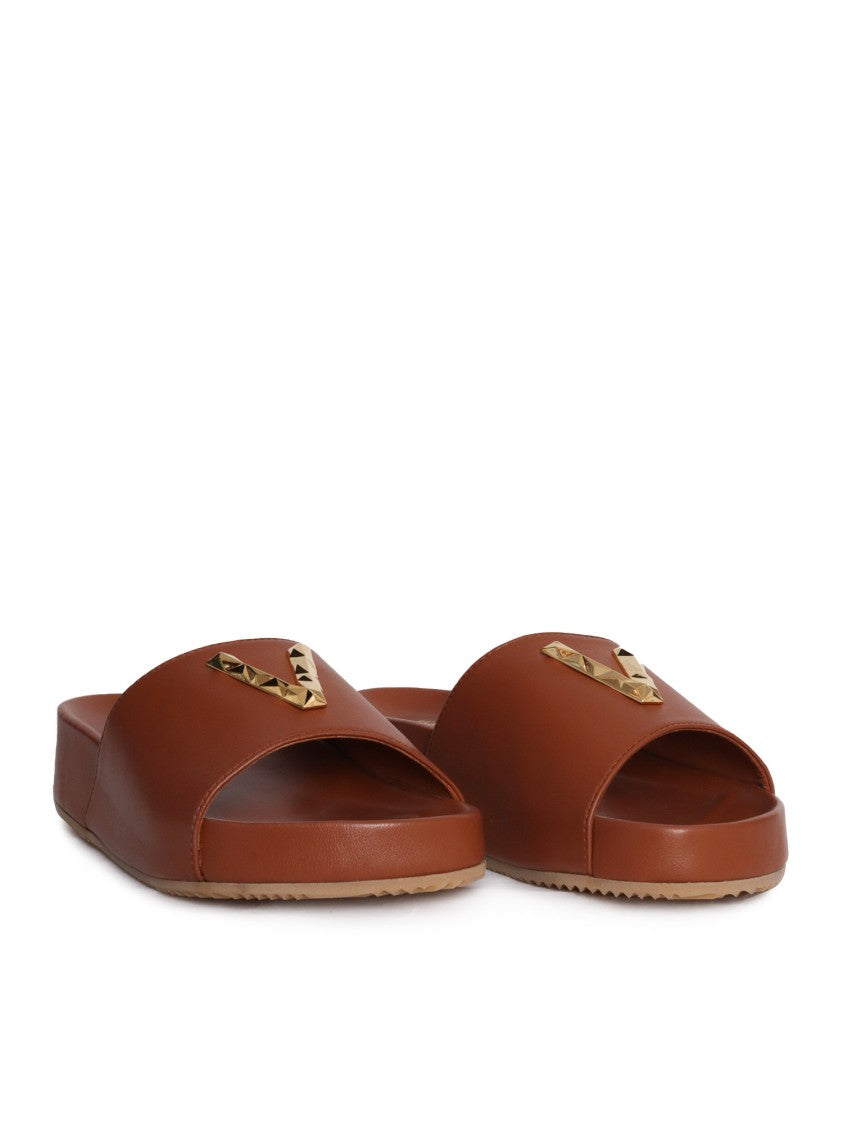 Via Roma 15 Brown Leather Slide Sandals