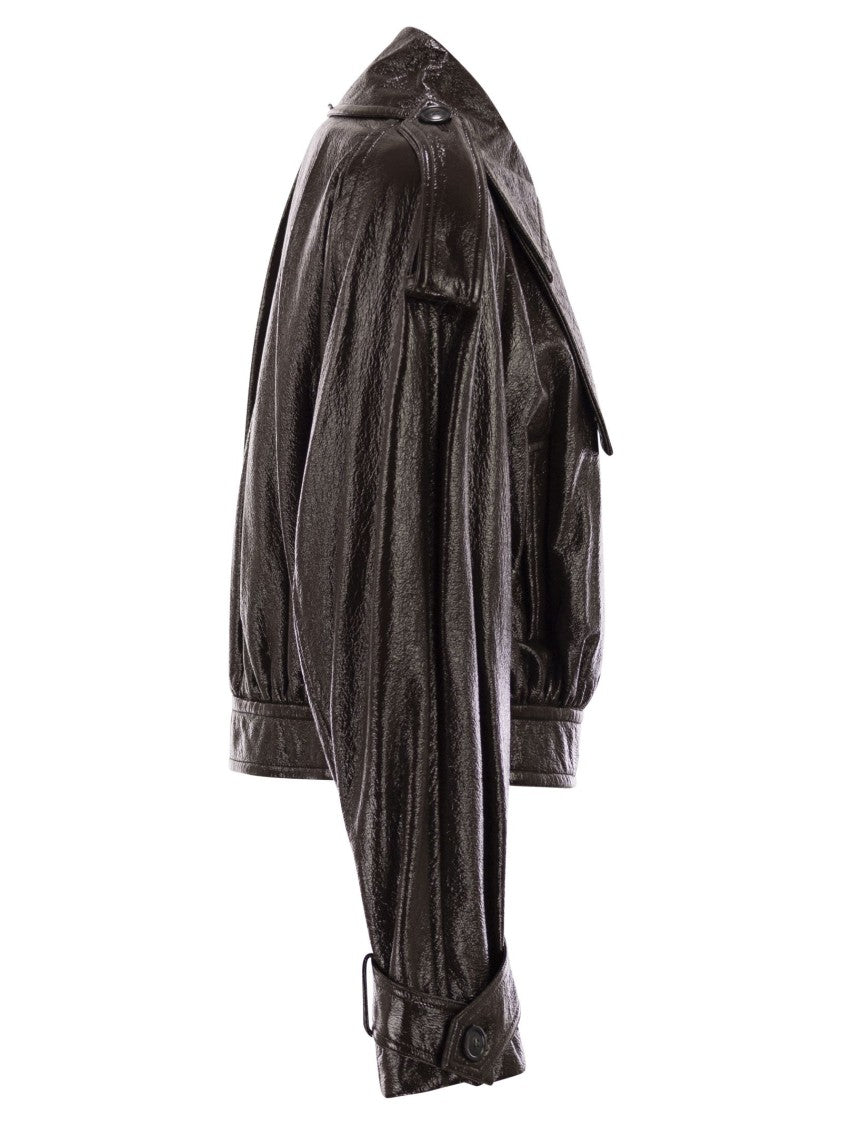 Sportmax Short Trench Coat With Patent Effect And Bomber Inspired Details