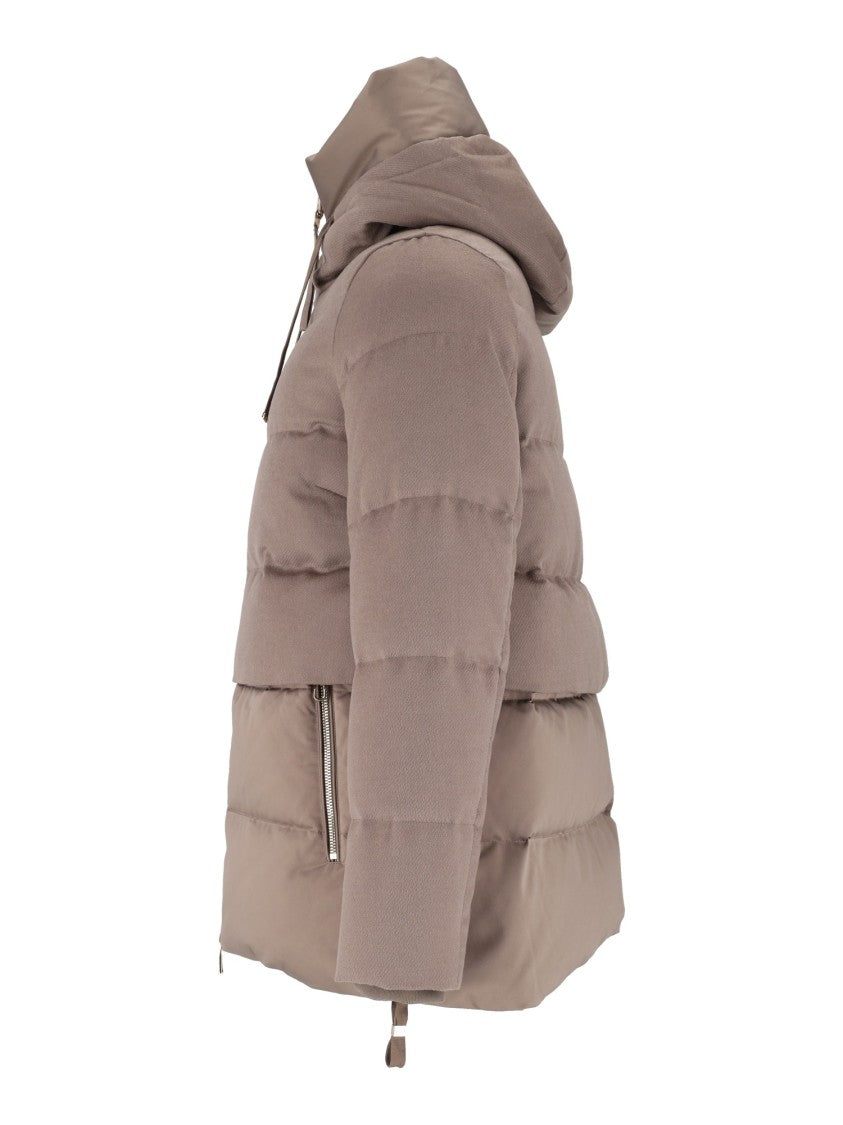 Duno Brown Quilted Hooded Adjustable Down Coat