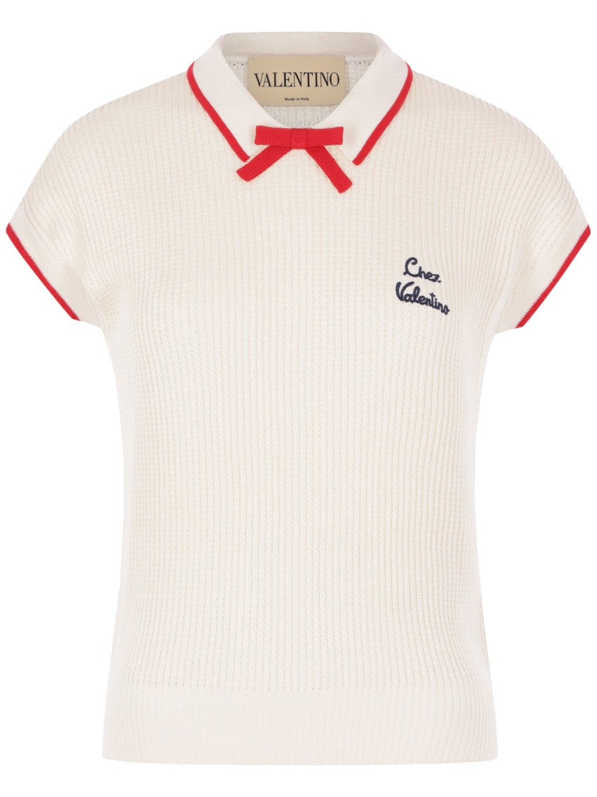 Valentino Ribbed Short-Sleeved Knit Bow Detail Top