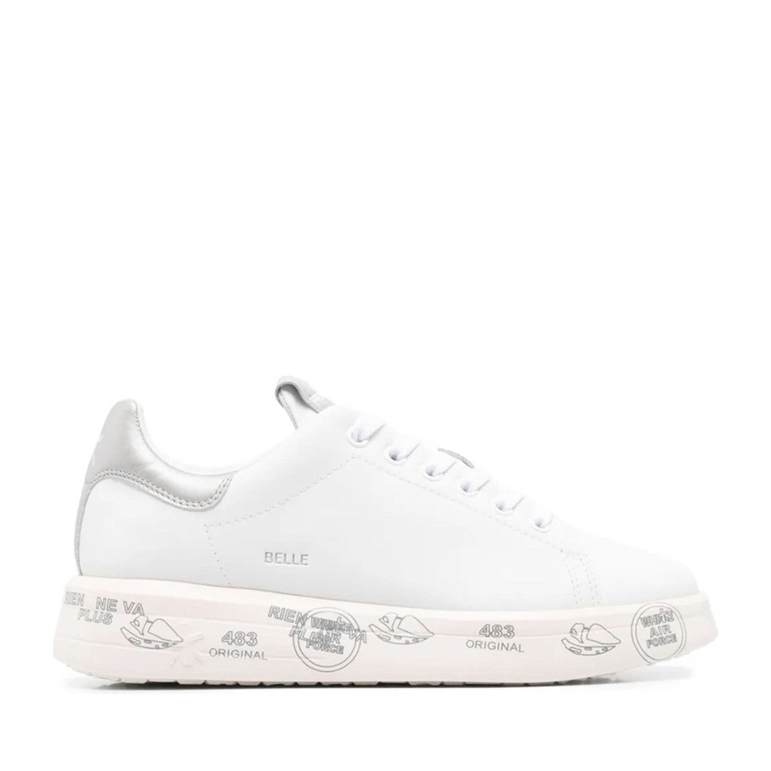 Premiata White Leather Graphic Metallic Accent Sneakers