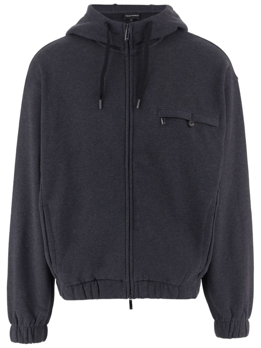 Emporio Armani Charcoal Zip-Up Embroidered Knit Hoodie
