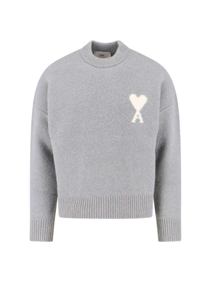 Ami Round Neck Sweater With Logo Detail And Ribbed Finishes
