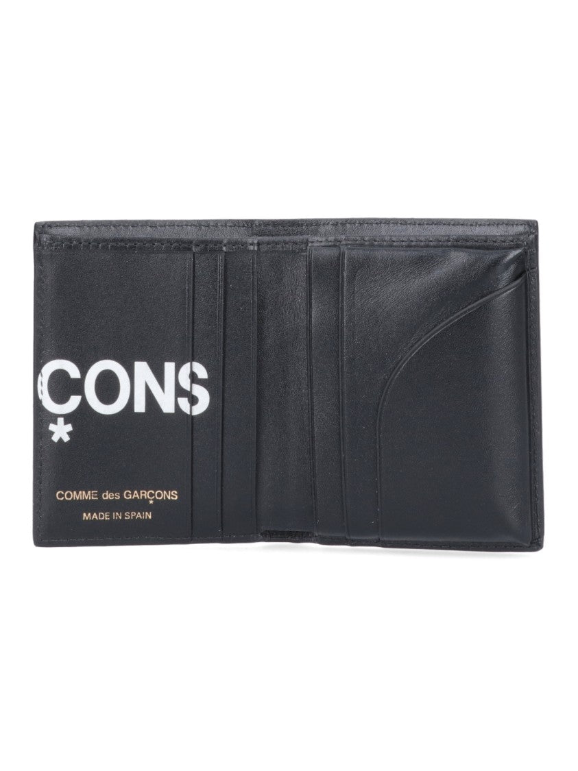 Comme Des Garçons Bifold Wallet In Smooth Black Leather With Contrasting Logo Print