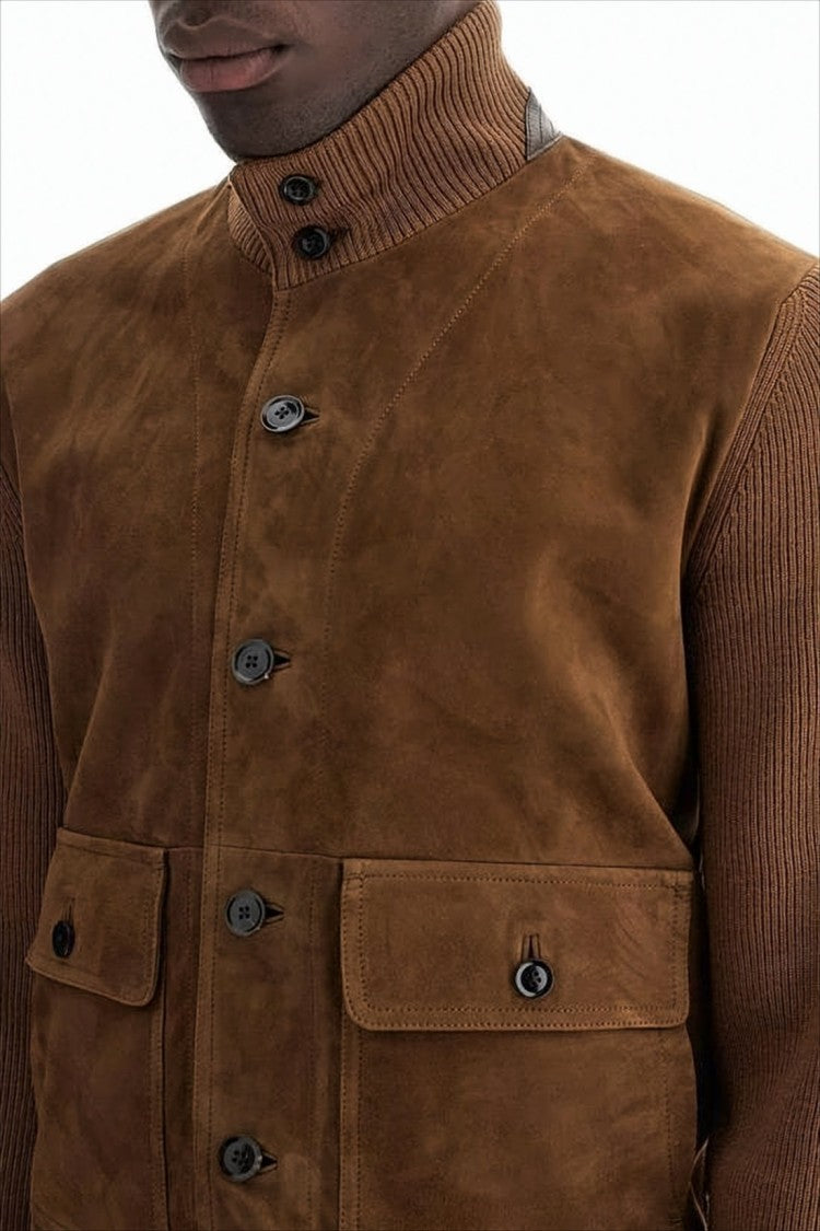 Tom Ford Brown Lamb Leather And Wool Jacket With Ribbed Sleeves