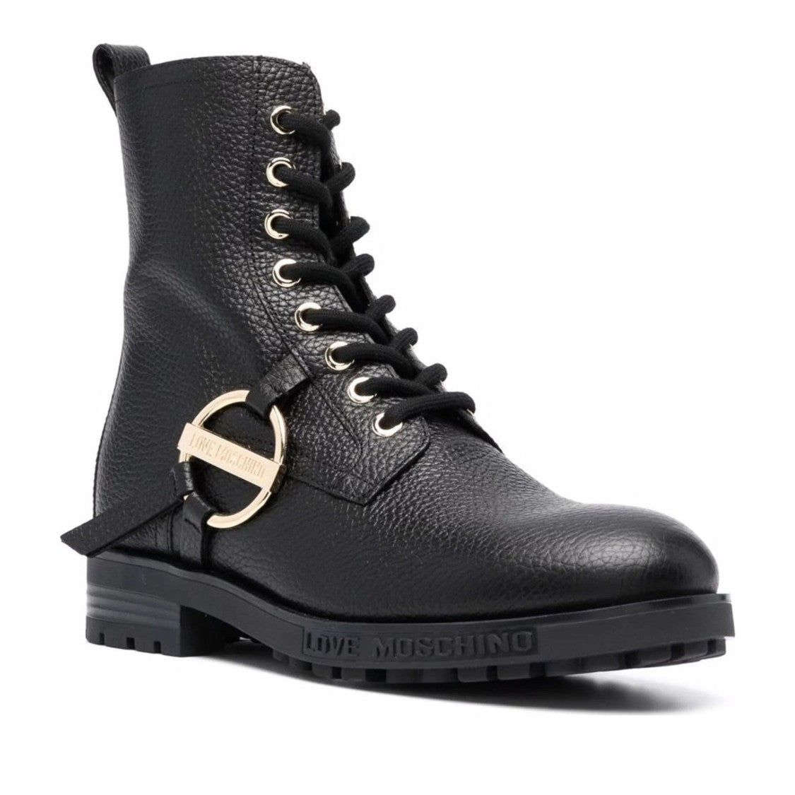 Love Moschino Black Leather Textured Gold-Tone Buckle Boots