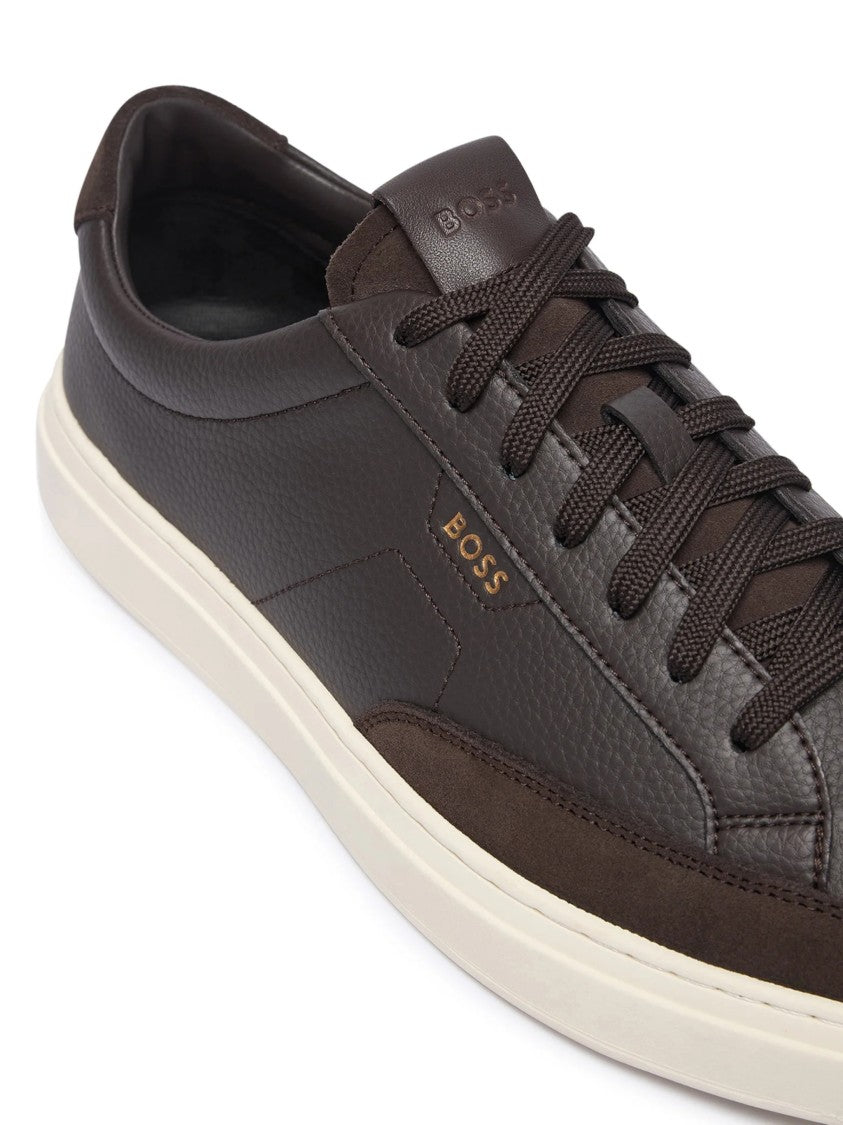 Hugo Boss Dark Brown Textured Leather Sneakers