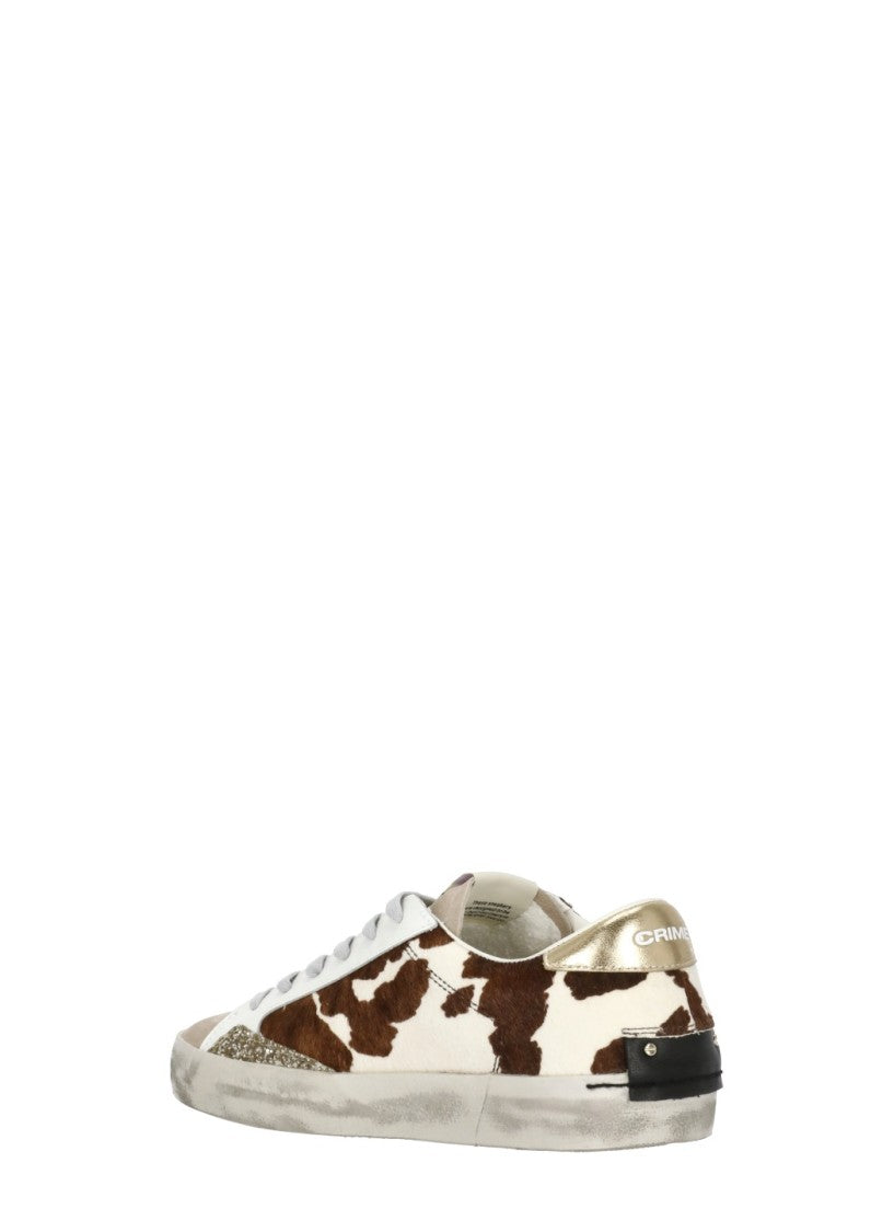 Crime London White Glitter Side Animal Print Leather Sneakers