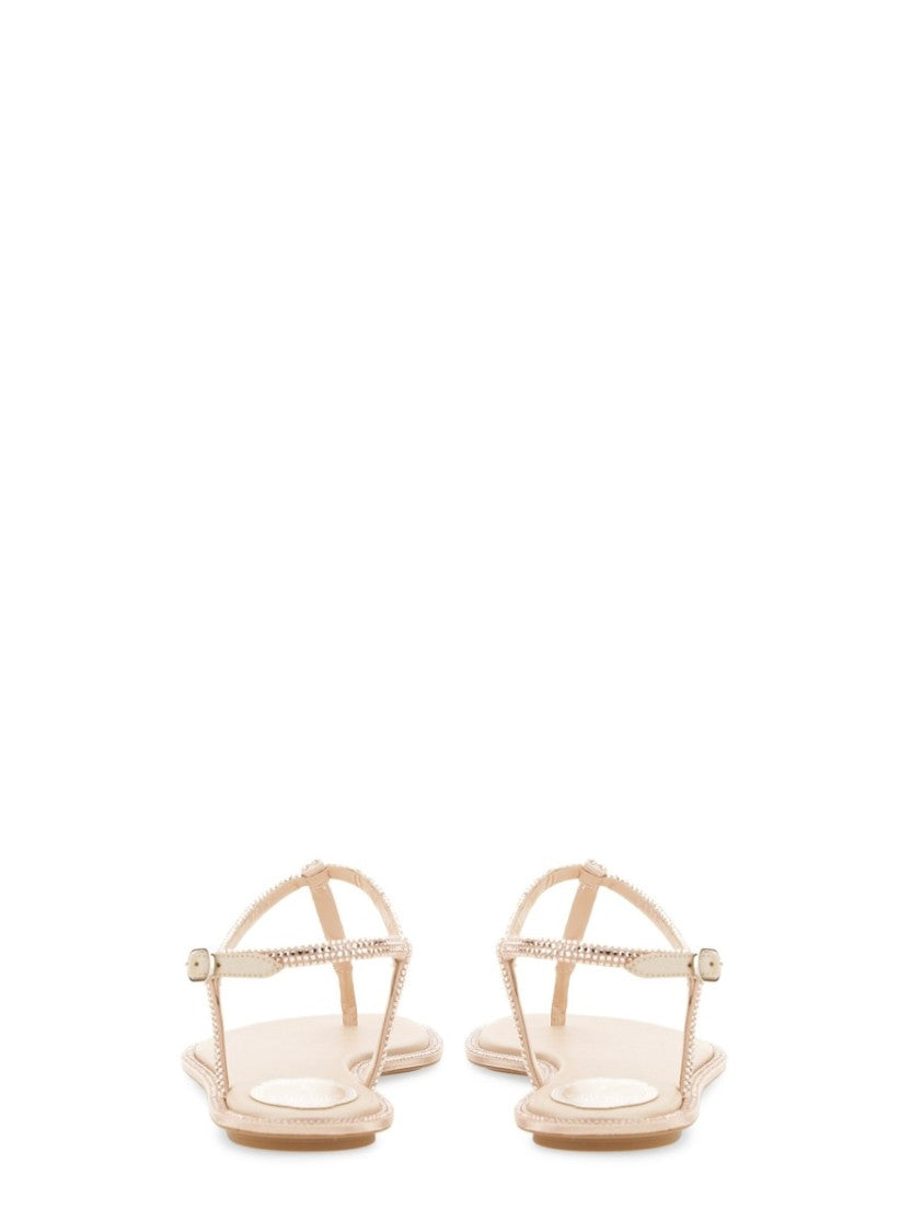 René Caovilla Diana T-Strap Embellished Flat Leather Sandals