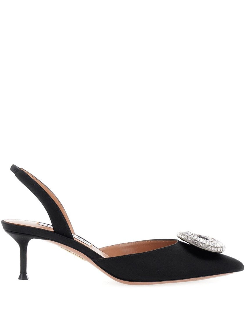 Aquazzura Black Crystal Embellished Slingback Kitten Heels