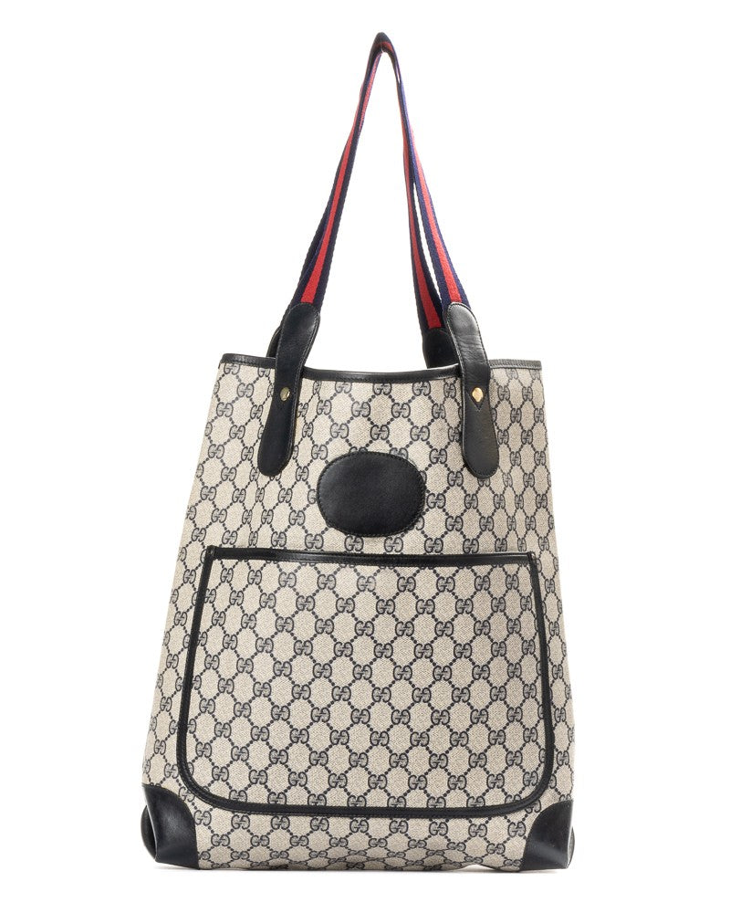Gucci Vertical Shopper Tote In Gg Supreme Canvas With Blue Leather Accents