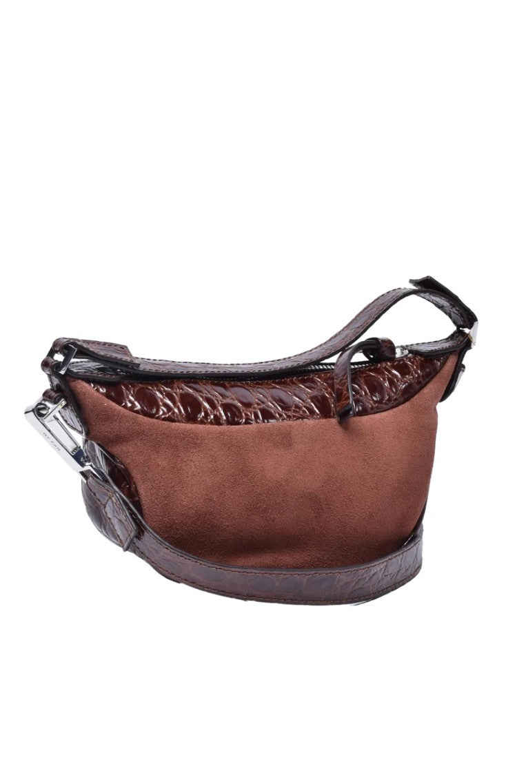 By Far Brown Mini Glossy Croc-Embossed Leather Shoulder Bag