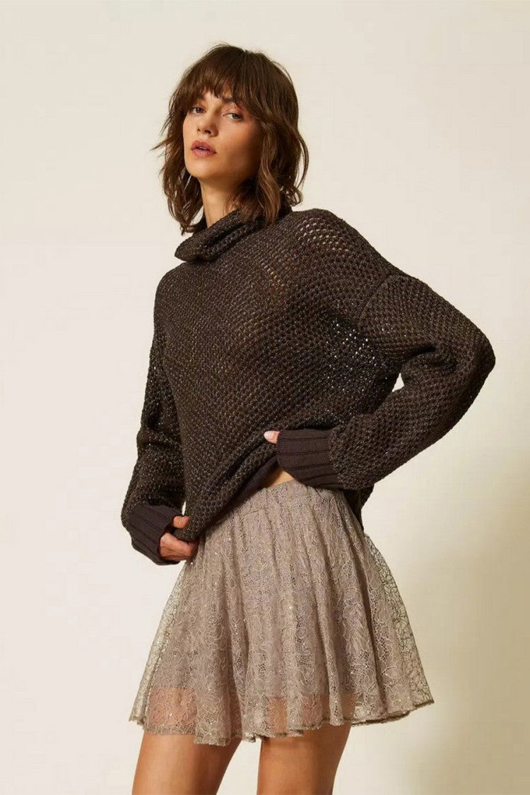 Twin-Set Dark Brown Metallic Honeycomb-Knit Wool-Blend Sweater