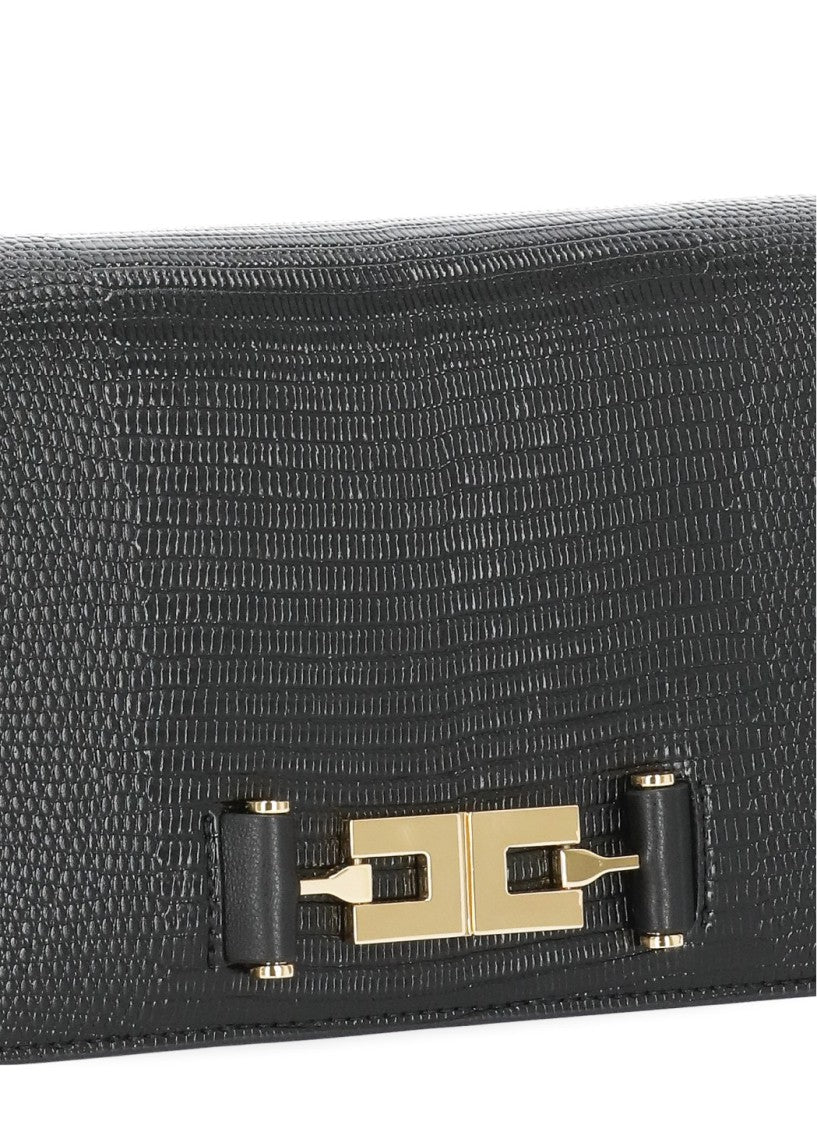 Elisabetta Franchi Black Shoulder Bag With Lizard Effect And Gold Chain Strap