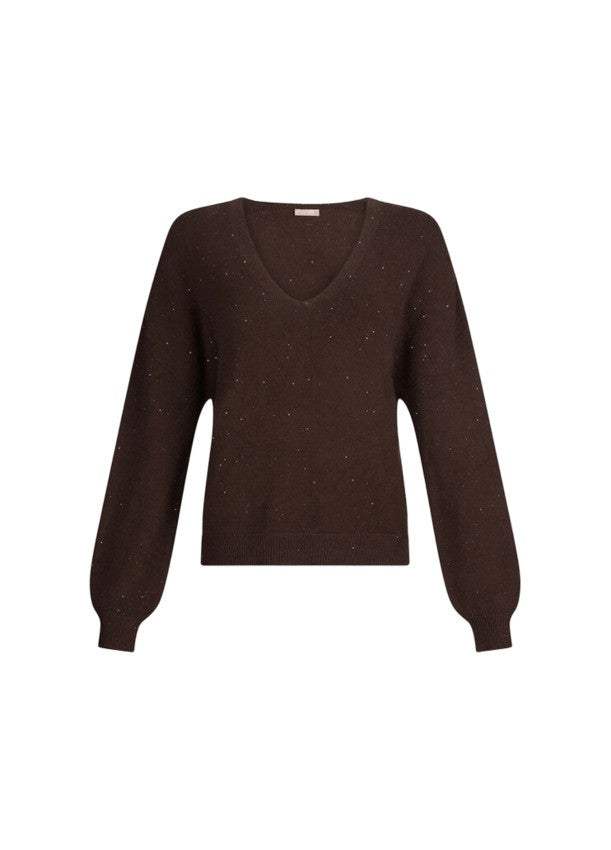 Liu Jo V-Neck Brown Sweater With Subtle Micro Sequins
