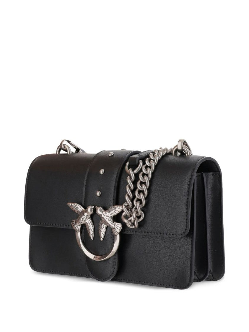 Pinko Structured Black Shoulder Bag With Silver Chain Strap And Bird Clasp