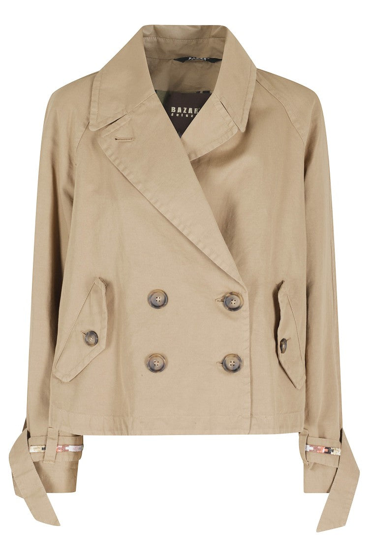 Bazar Deluxe Khaki Double-Breasted Rhinestone-Cuff Cotton-Blend Blazer