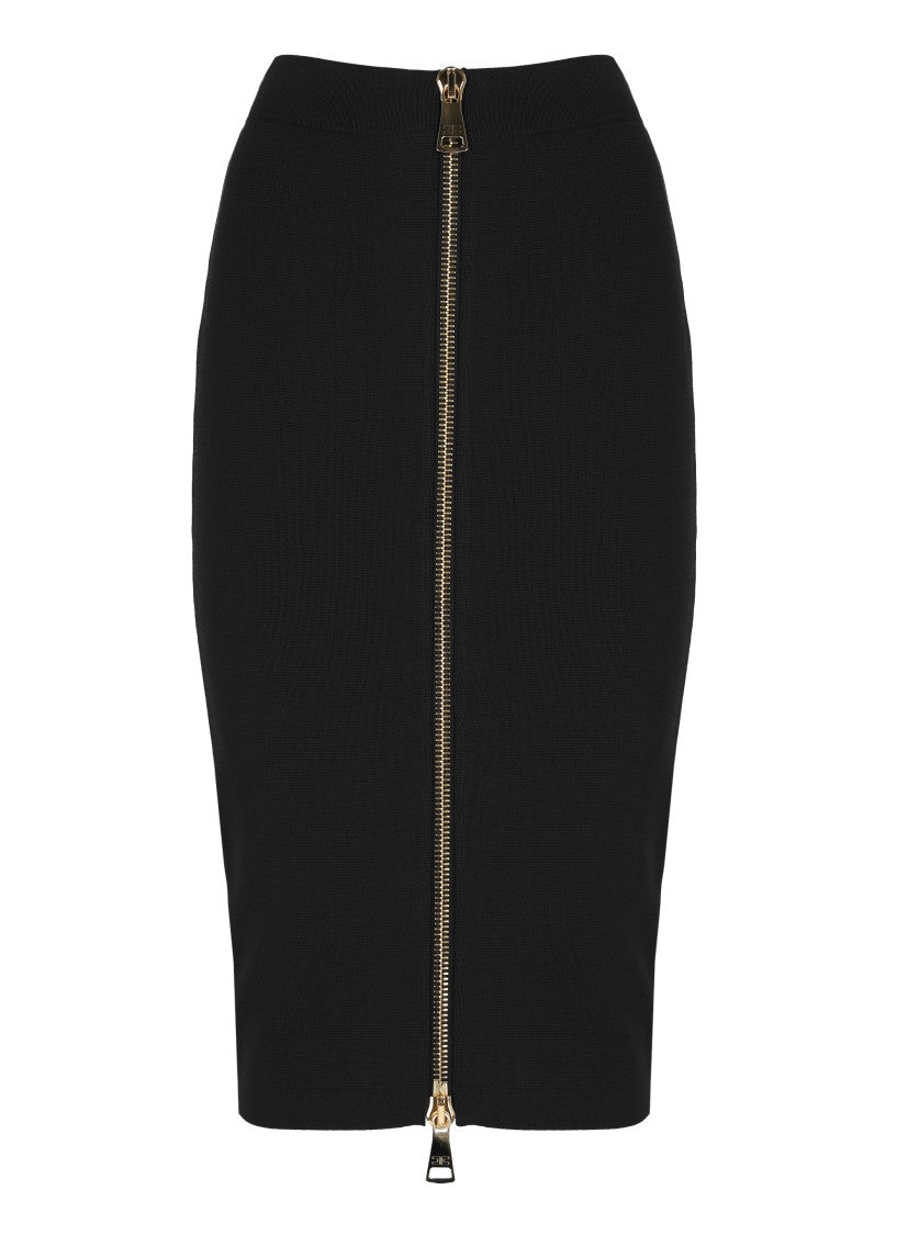 Elisabetta Franchi Fitted Black Pencil Skirt With Maxi Gold Zip Closure