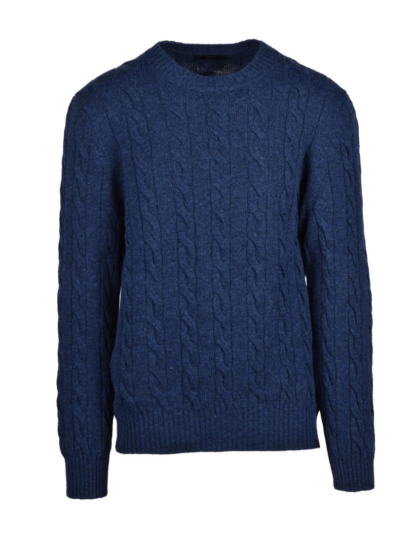 Fay Blue Cable-Knit Virgin Wool Crewneck Sweater