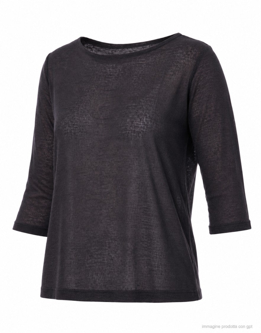 Aragona Black Relaxed Fit Linen Boat-Neck Top