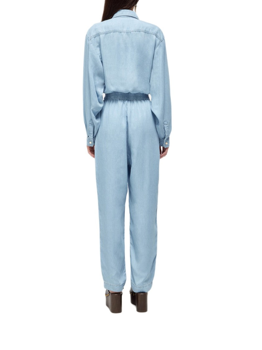 Blugirl Light Denim Lyocell Jumpsuit With Shirt Collar And Delicate Brooch