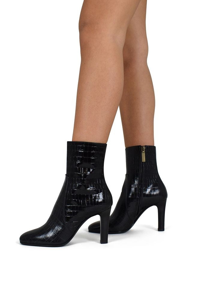 Saint Laurent Shiny Crocodile-Embossed Leather Ankle Boots