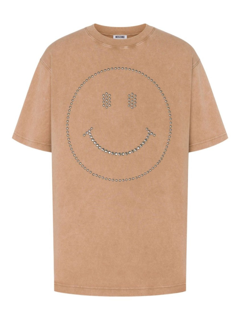Moschino Light Brown Smiley Face Studded T-Shirt