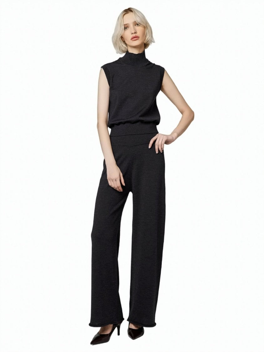 Alpha Studio High-Waisted Elastic Waistband Merino Wool Wide-Leg Pants