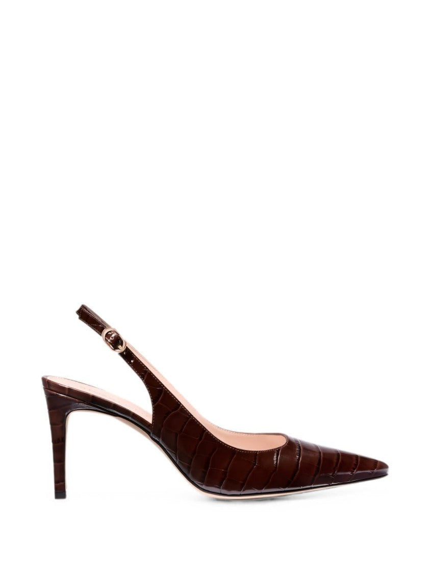Stuart Weitzman Black Pointed Toe Crocodile-Embossed Slingback