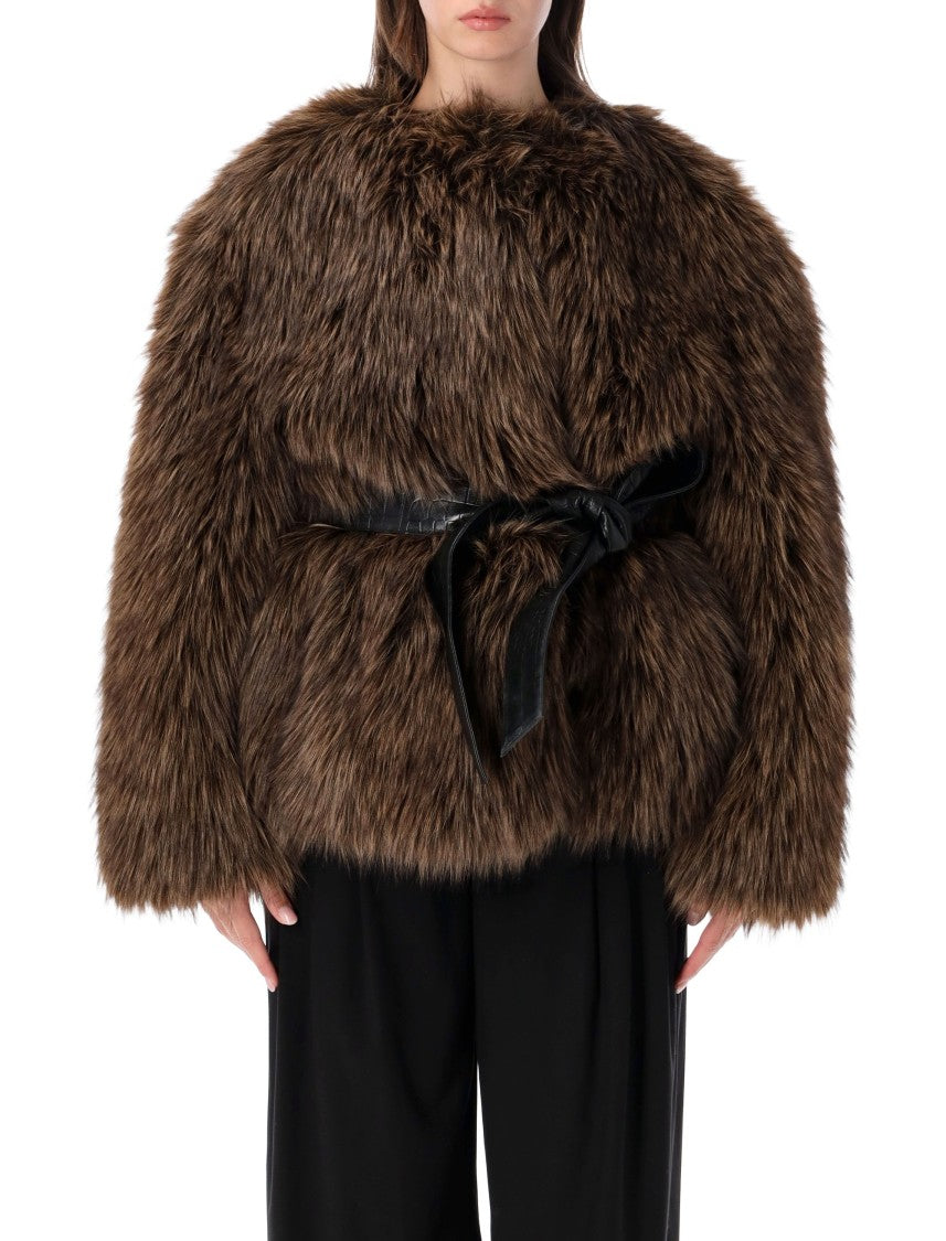 Magda Butrym Eco-Fur Belted Round Neck Jacket
