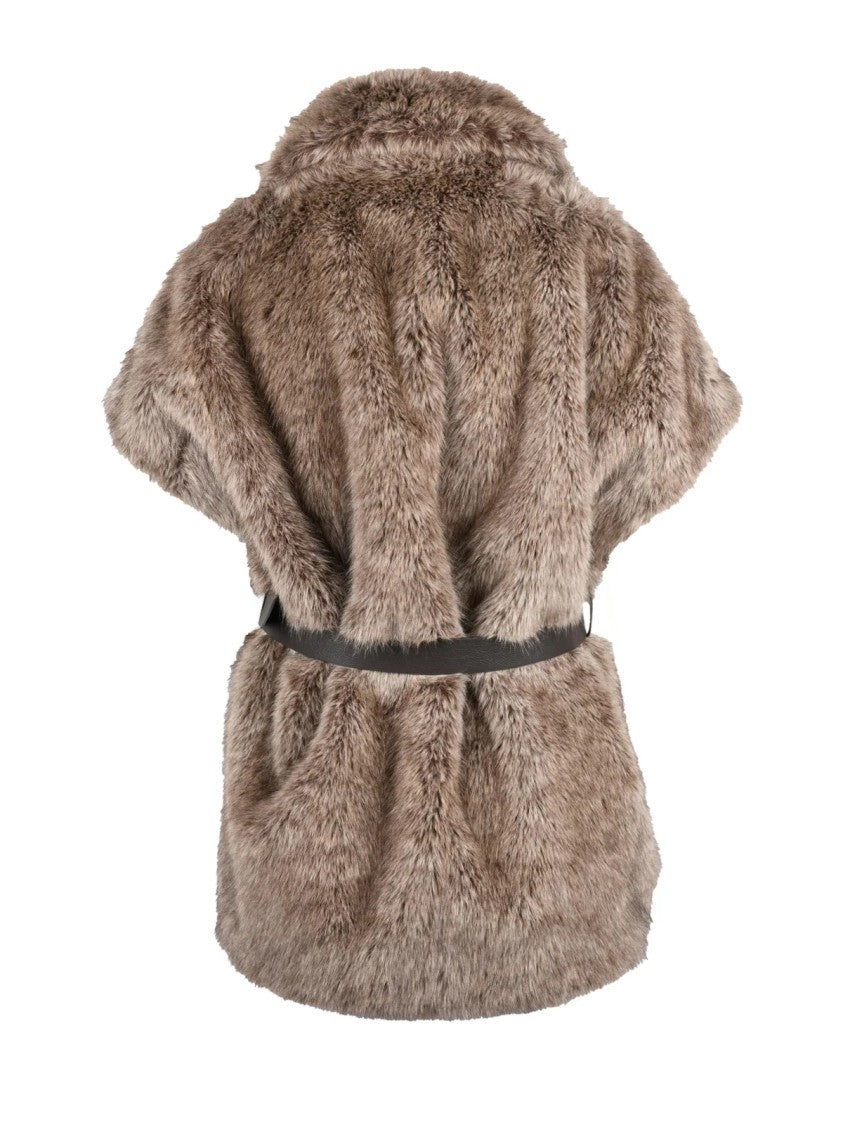 P.A.R.O.S.H. Sleeveless Faux Fur Vest With Belted Waist And Lined Interior