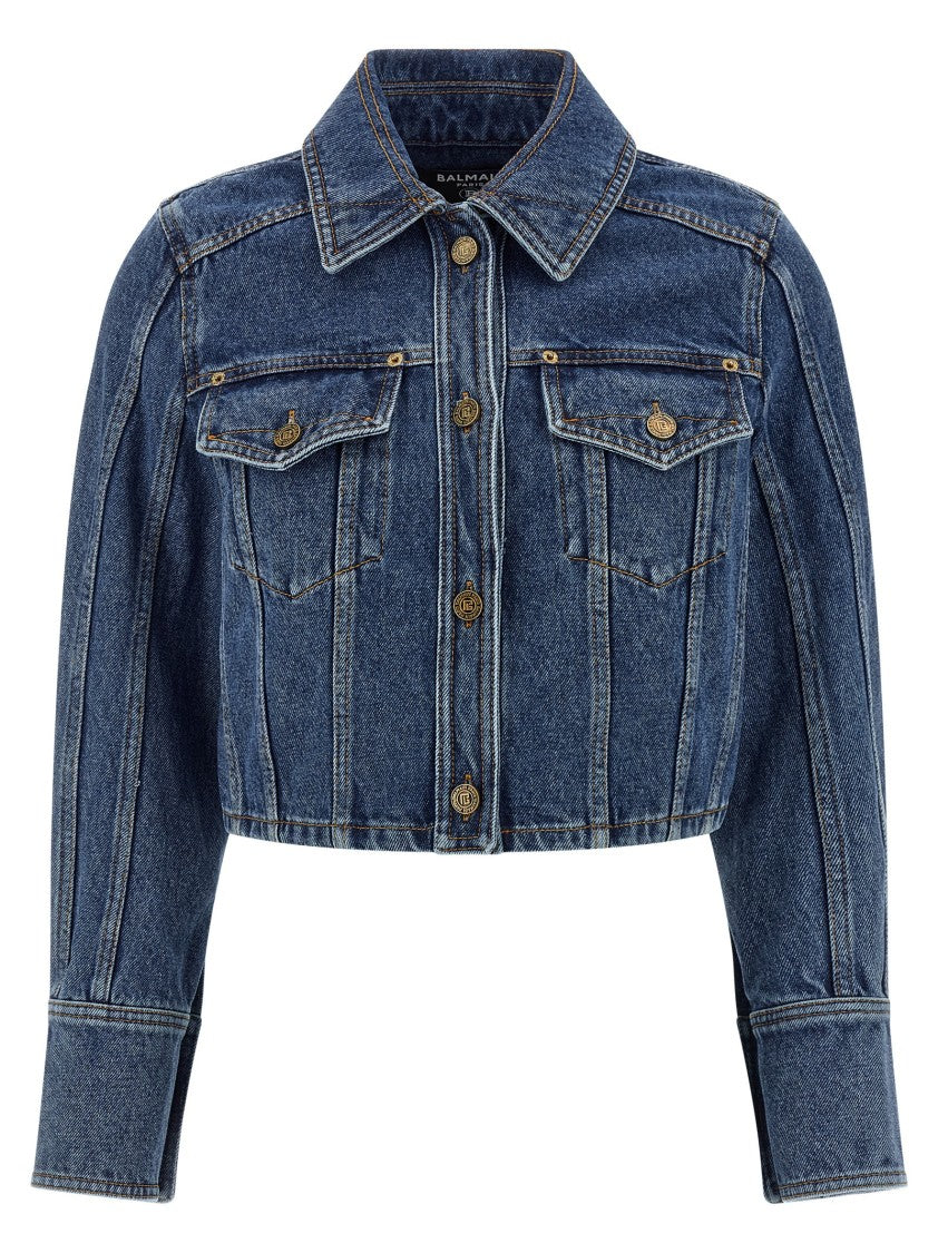Balmain Cropped Cotton Denim Jacket With Classic Collar