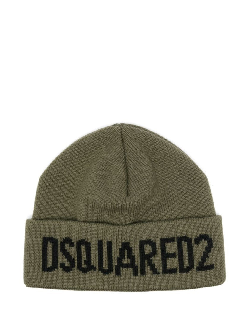 Dsquared2 Knitted Green Hat With Bold Black Lettering