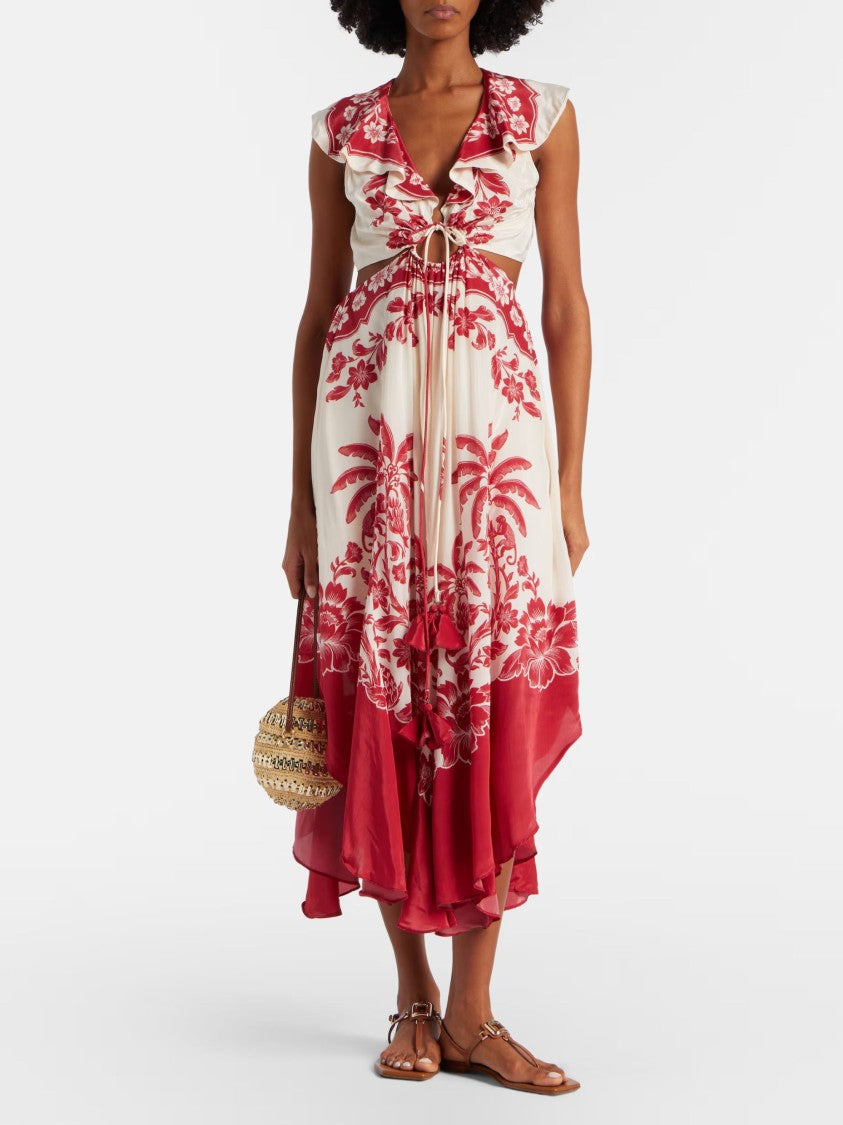 Farm Rio Red Botanical Motif Viscose Midi Dress