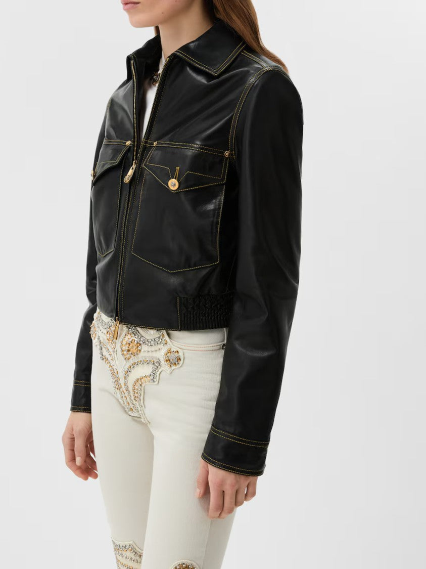 Versace Black Cropped Gold Accents Leather Jacket