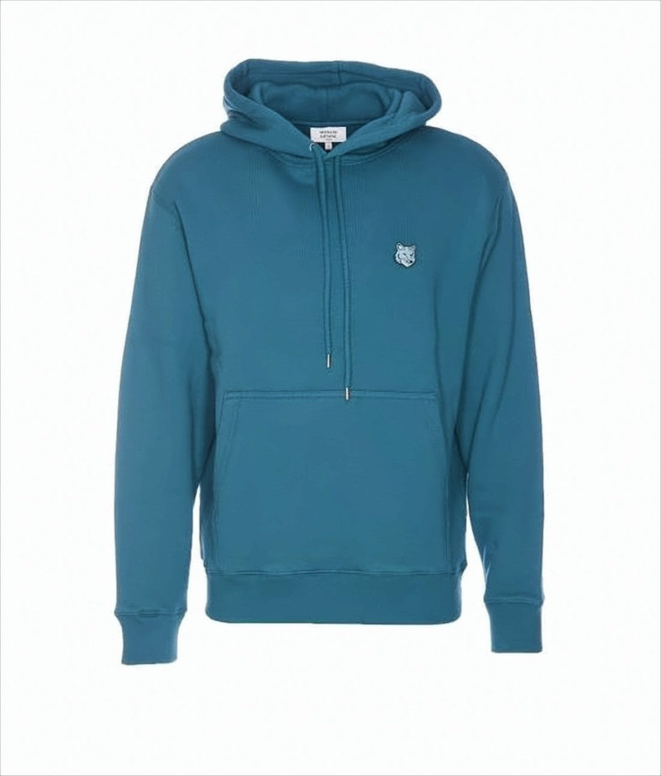 Maison Kitsuné Teal Blue Pullover Hoodie With Classic Design And Embroidered Logo