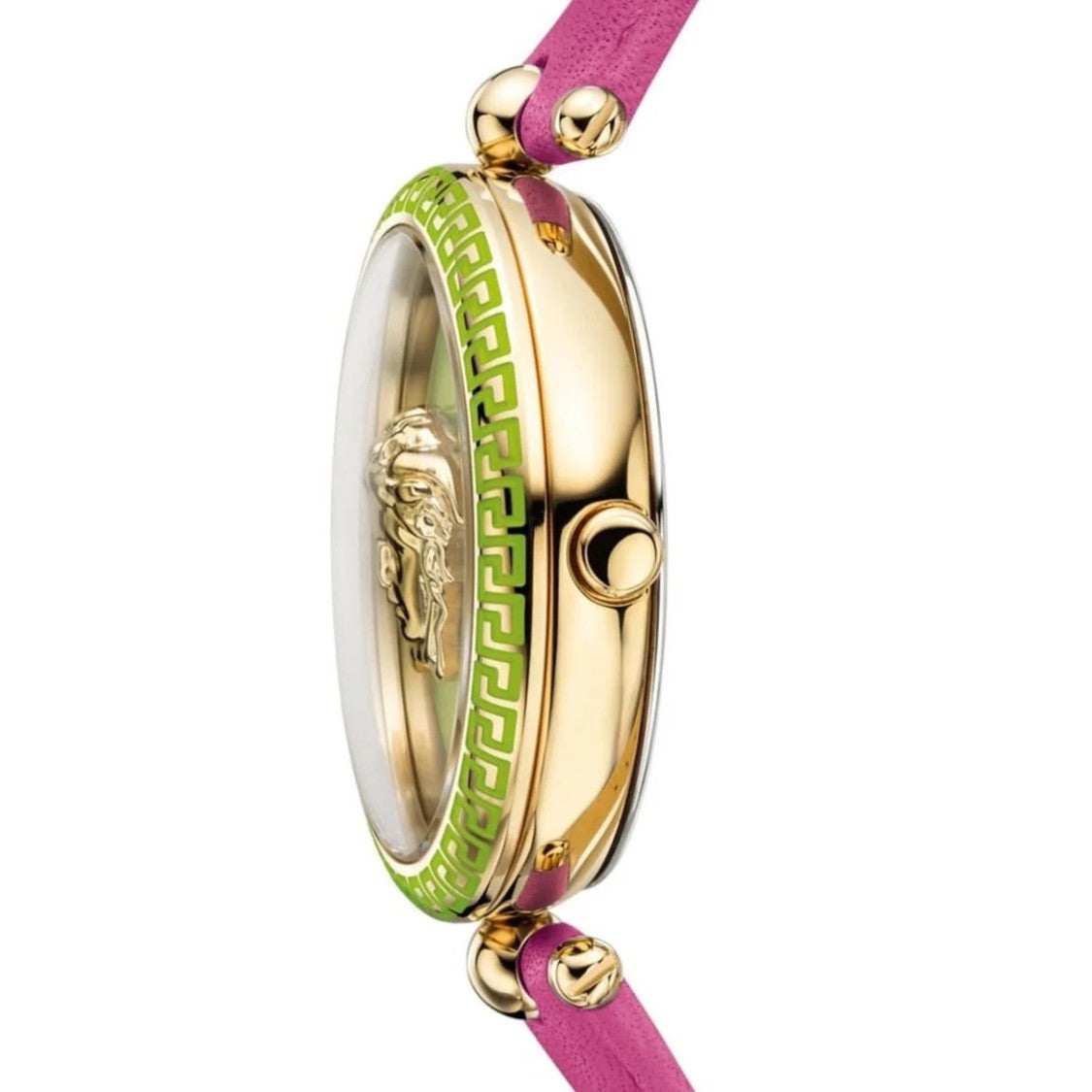 Versace Gold-Tone Stainless Steel Versace Watch With Green Dial And Pink Calfskin Strap