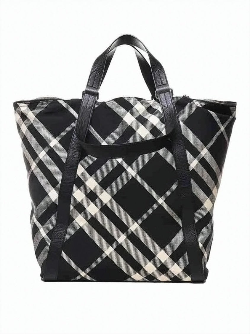 Burberry Black And Beige Check Tote Bag