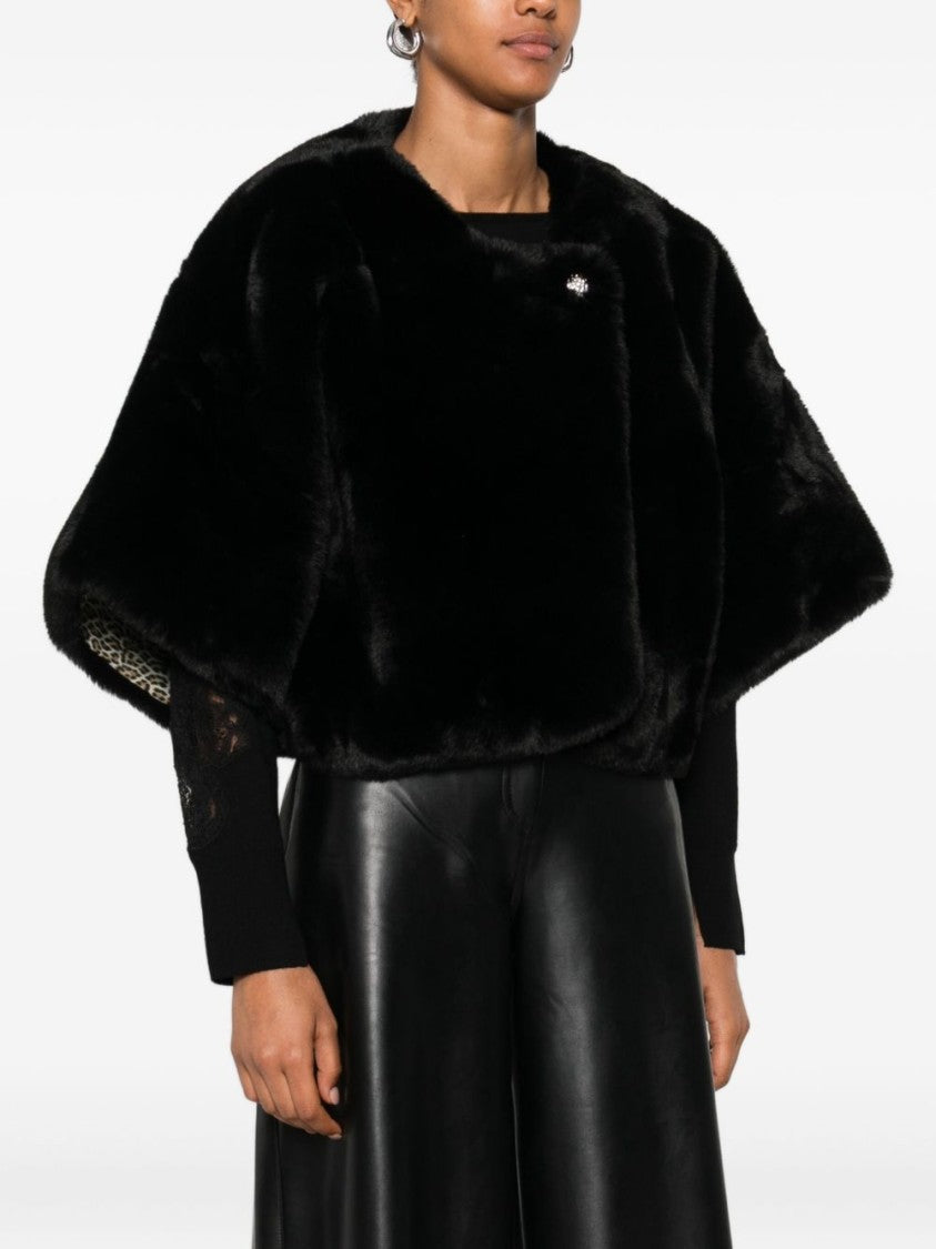 Blugirl Cropped Faux Fur Coat With Jeweled Button