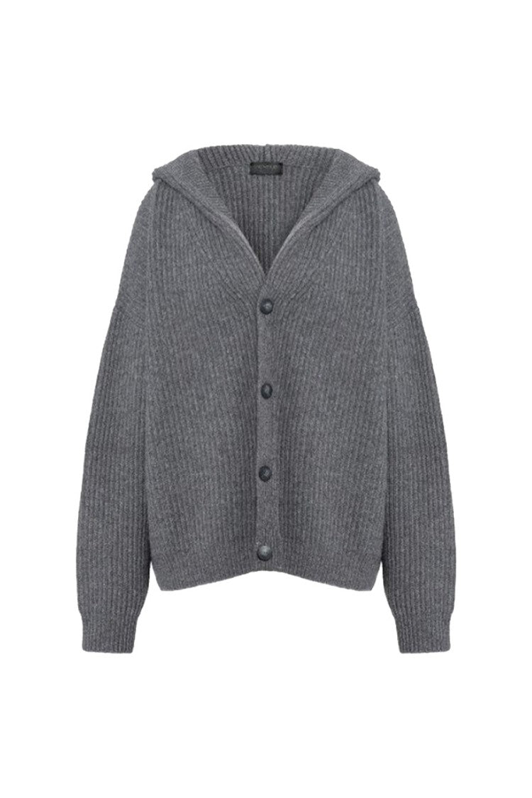 Dondup Grey Chunky Ribbed Hooded Wool Cardigan